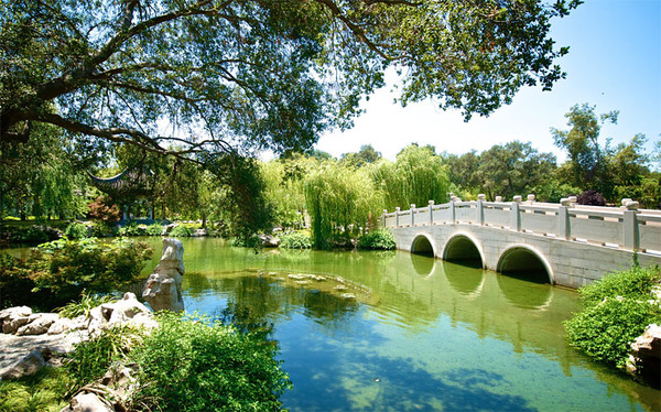 botanical-gardens-los-angeles-most-beautiful-landscape-large-water-pond-river-stamped-concrete-bridge-green-trees-shrubs-plants-collections